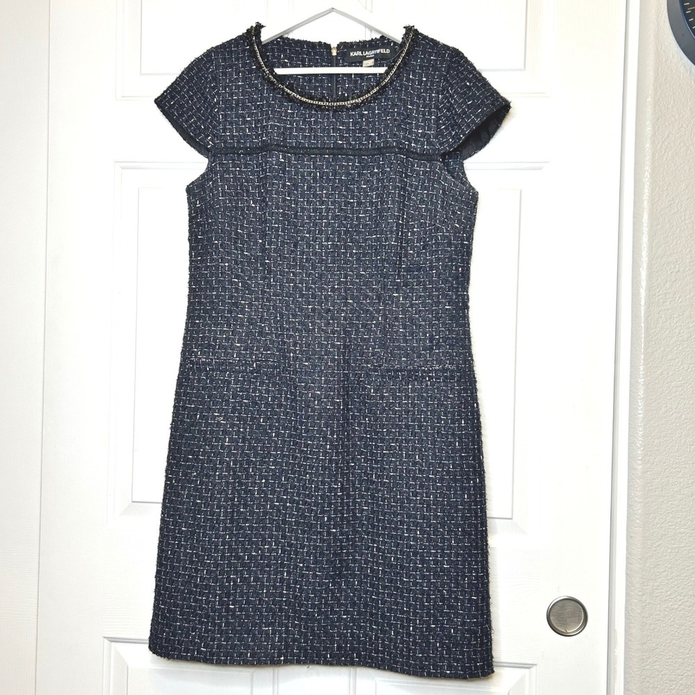 Karl Lagerfeld Paris Tweed Dress Gold Chainā Trim 12